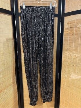 Black Sequin Pleated Elastic-Waist Pants